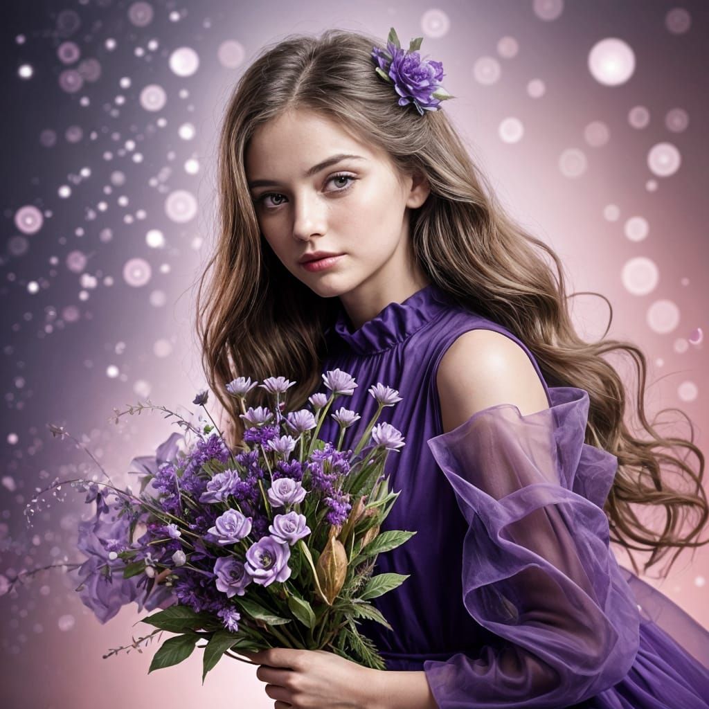 Beautiful Girl with Blonde Hair, Violet Eyes, Floral Dress