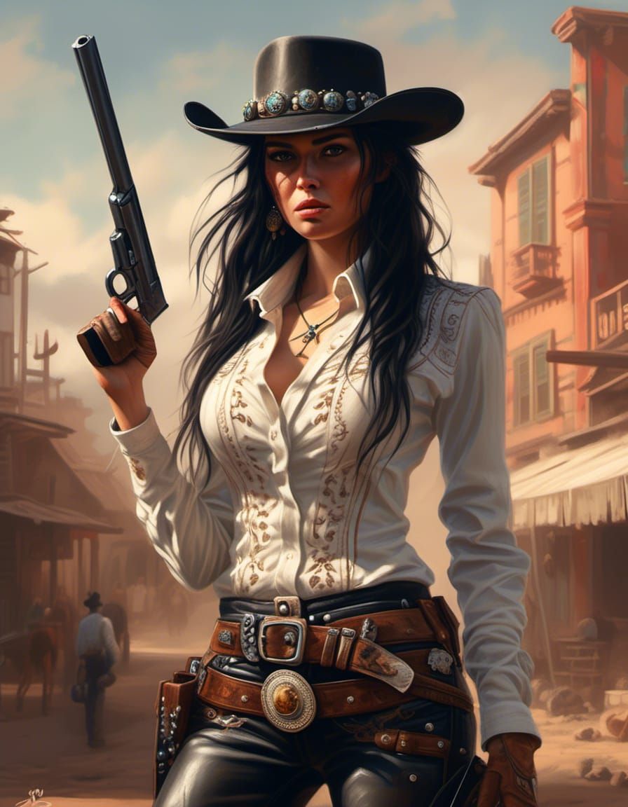 "full body", 1870's western Beautiful female bounty hunter, cowboy hat, long black hair, white blouse, black leather pan...