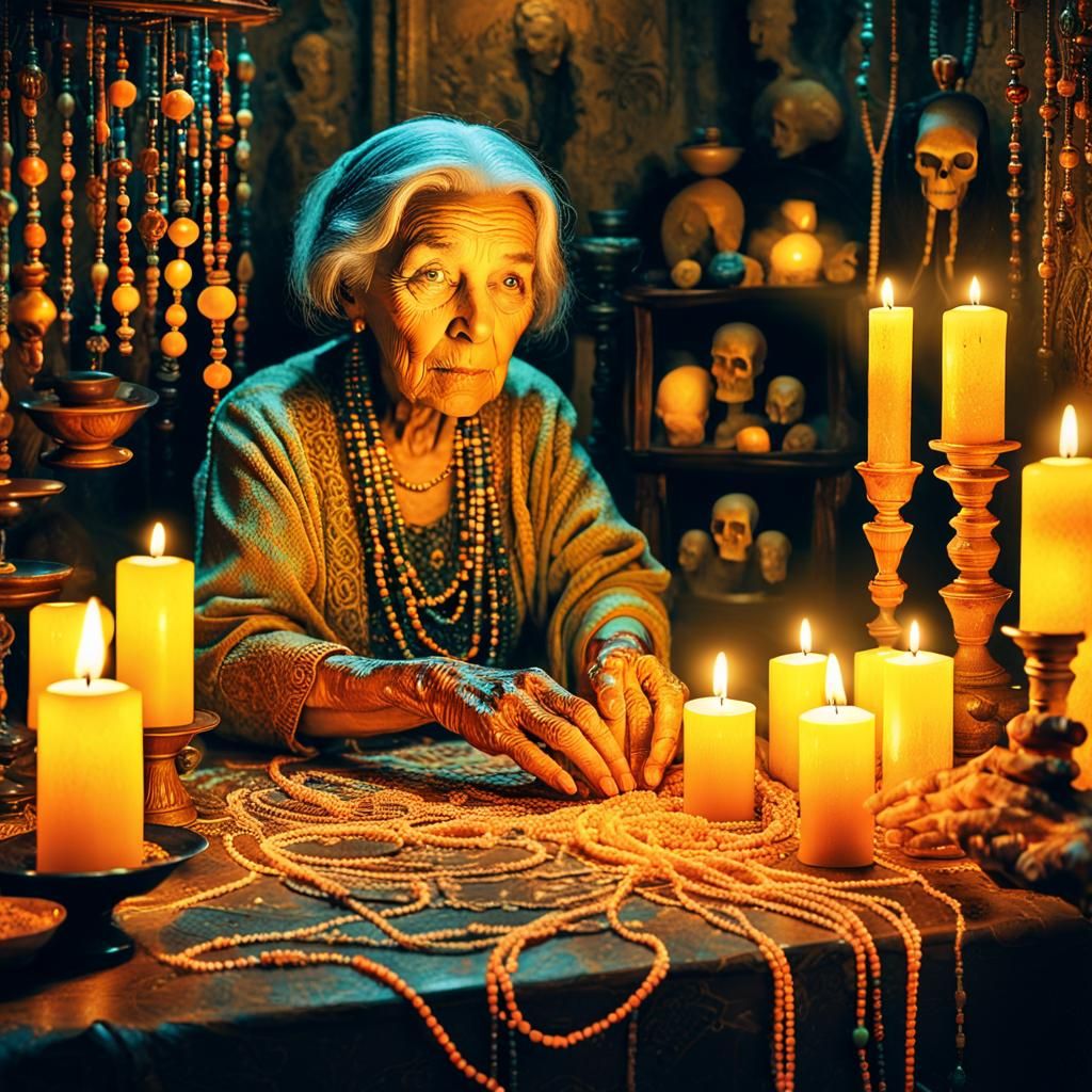 Eerie Surrealism: Old Woman in Candlelit Room
