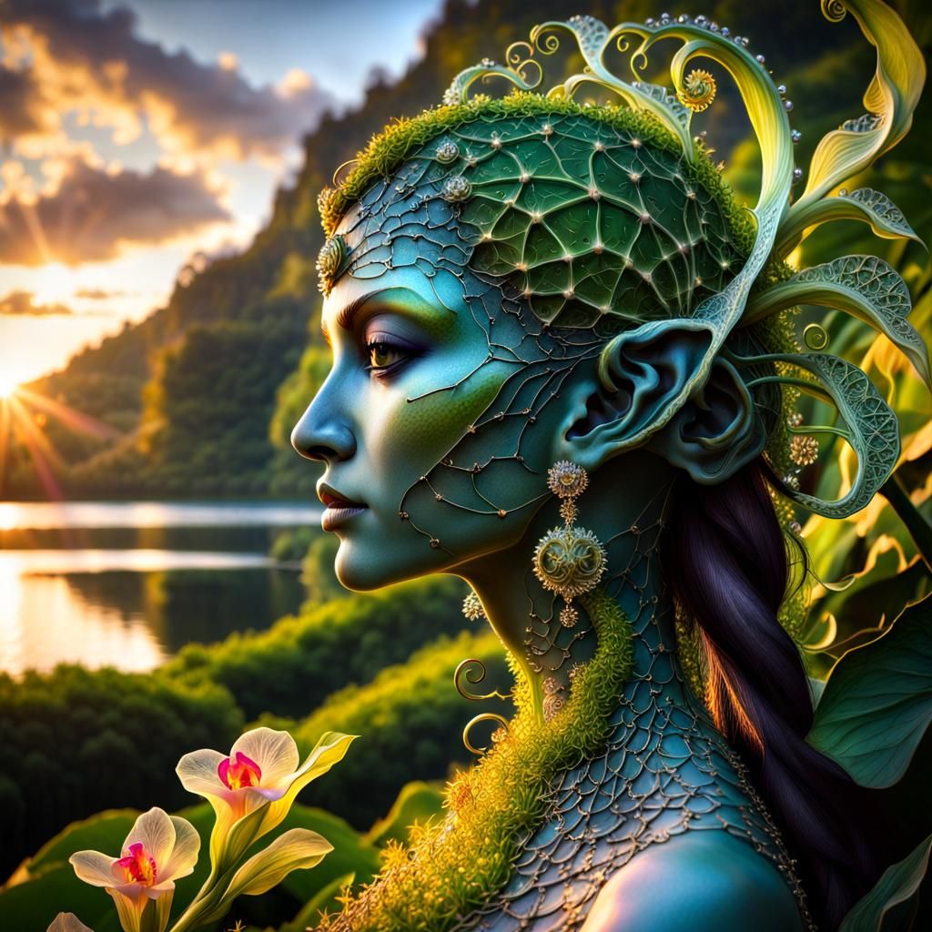 Alien Elven Hybrid in Surreal Garden