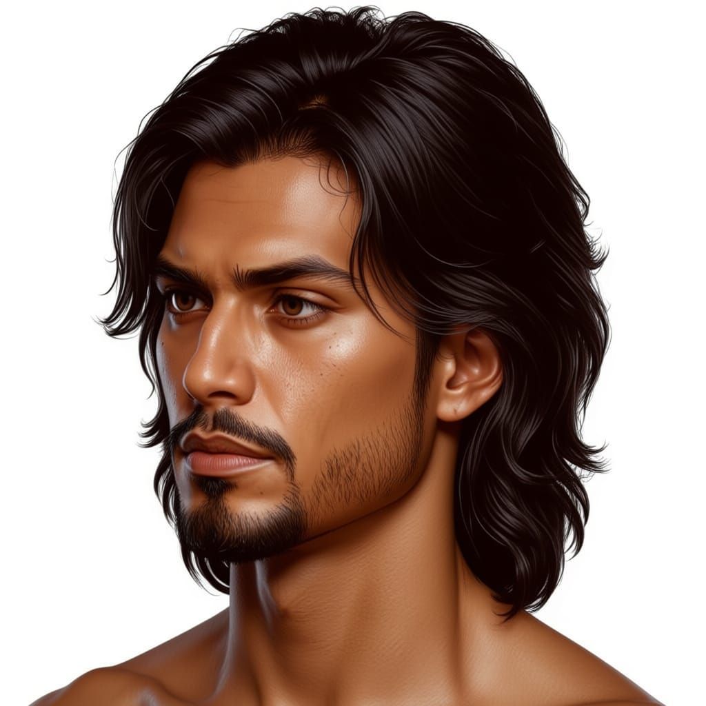 Sideview Portrait of a Royal Man with Long Black Hair
