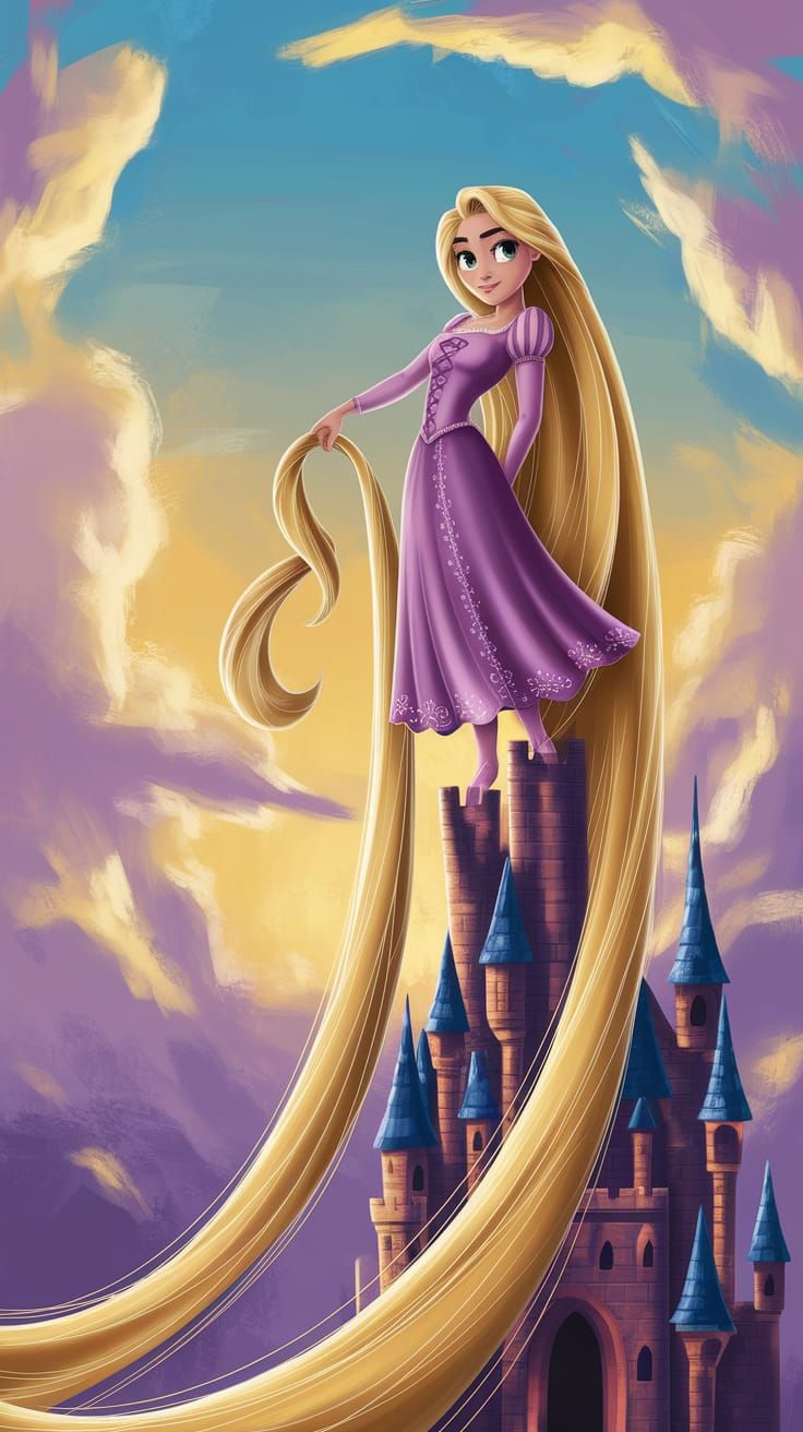 Rapunzel in Dramatic Hyperrealistic Portrait with Vibrant Su...