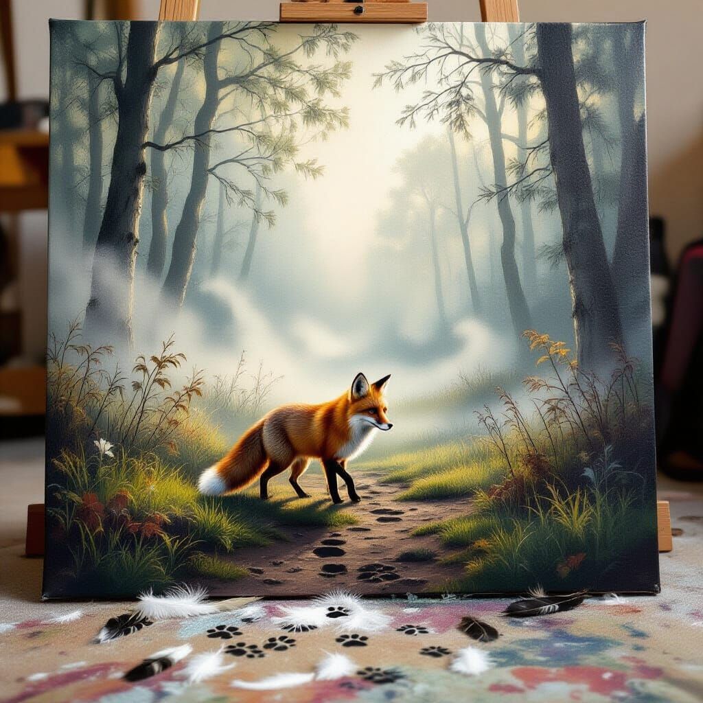 Misty Glade Fox Painting with Painterly Texture