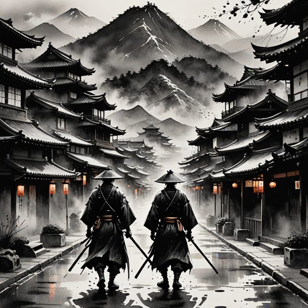 Samurai in Japanese Town: Sumi-e Ink Painting