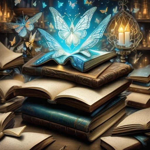 Magical Book Transformation in Candlelit Wizard Workshop