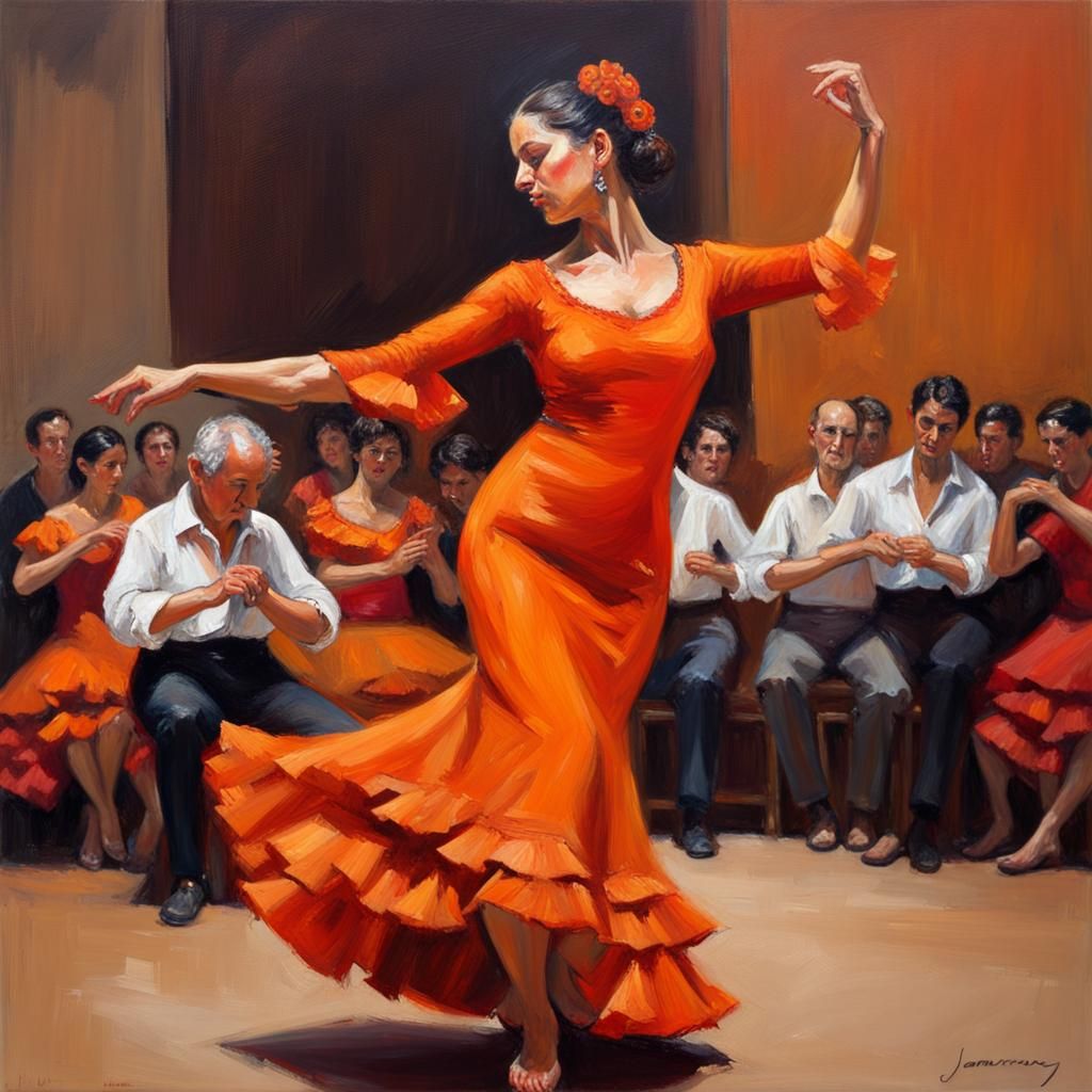 Flamenco Dancer in Orange Dress: Oil Painting