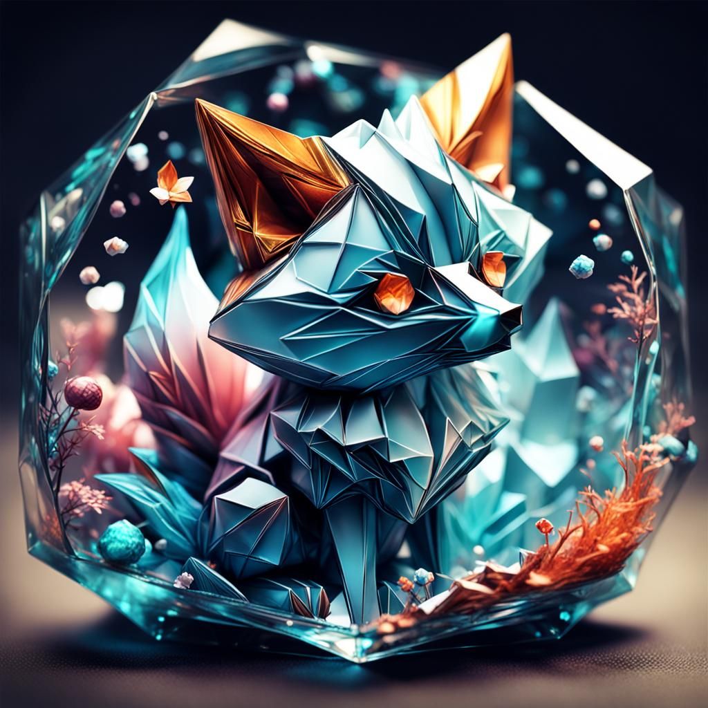 Glass Origami Fox: Dark Fantasy Digital Art
