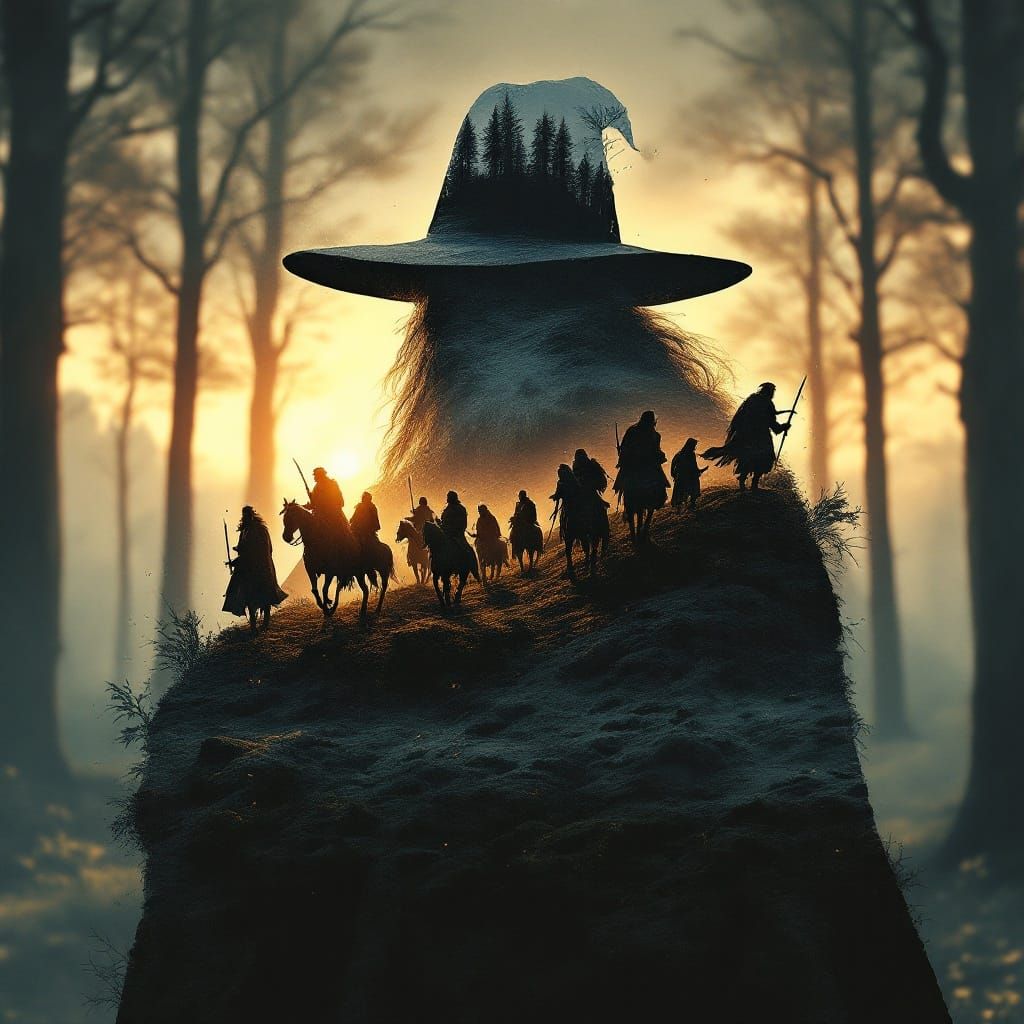 Gandalf against a Sunset Mountain Landscape with Dwarves and...