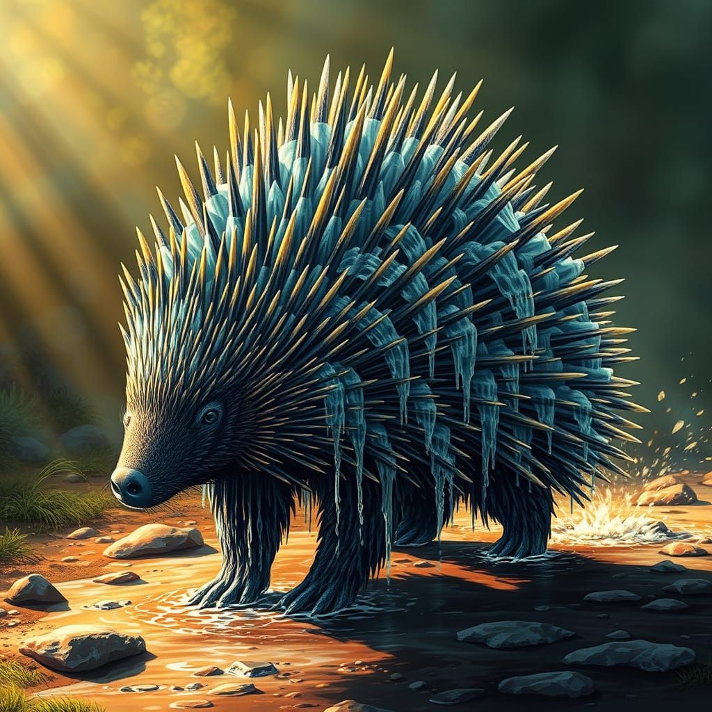 Waterfall Porcupine in Detailed Matte Painting Style