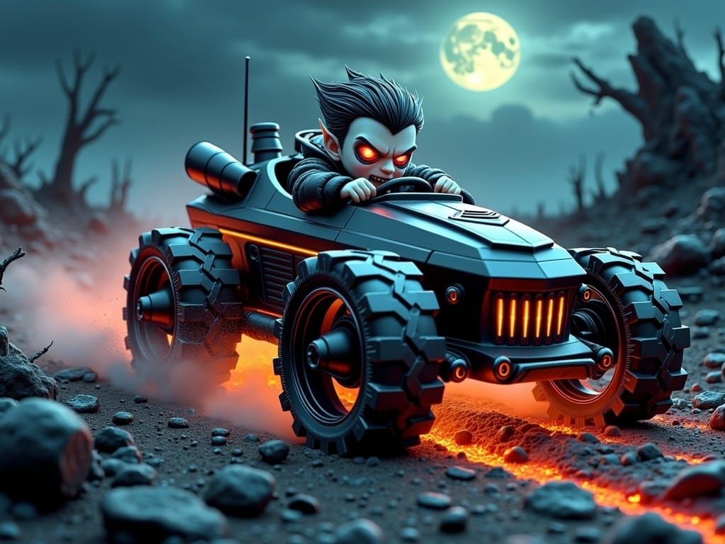 Chibi Vampire Races Armored Coffin Tank in Wasteland