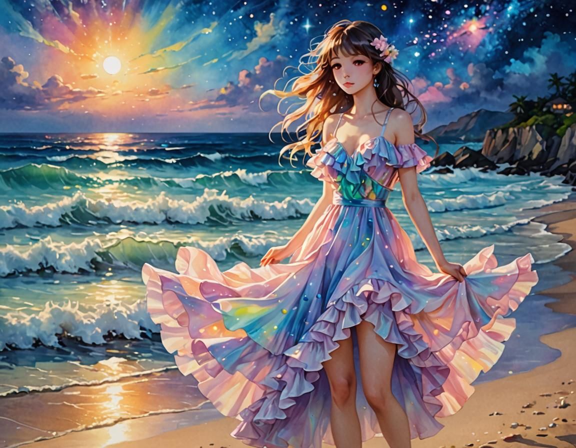 Neon Dress on Seashore in Impasto Anime Style