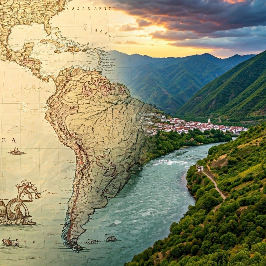 Double Exposure of Antique Map and South American Village