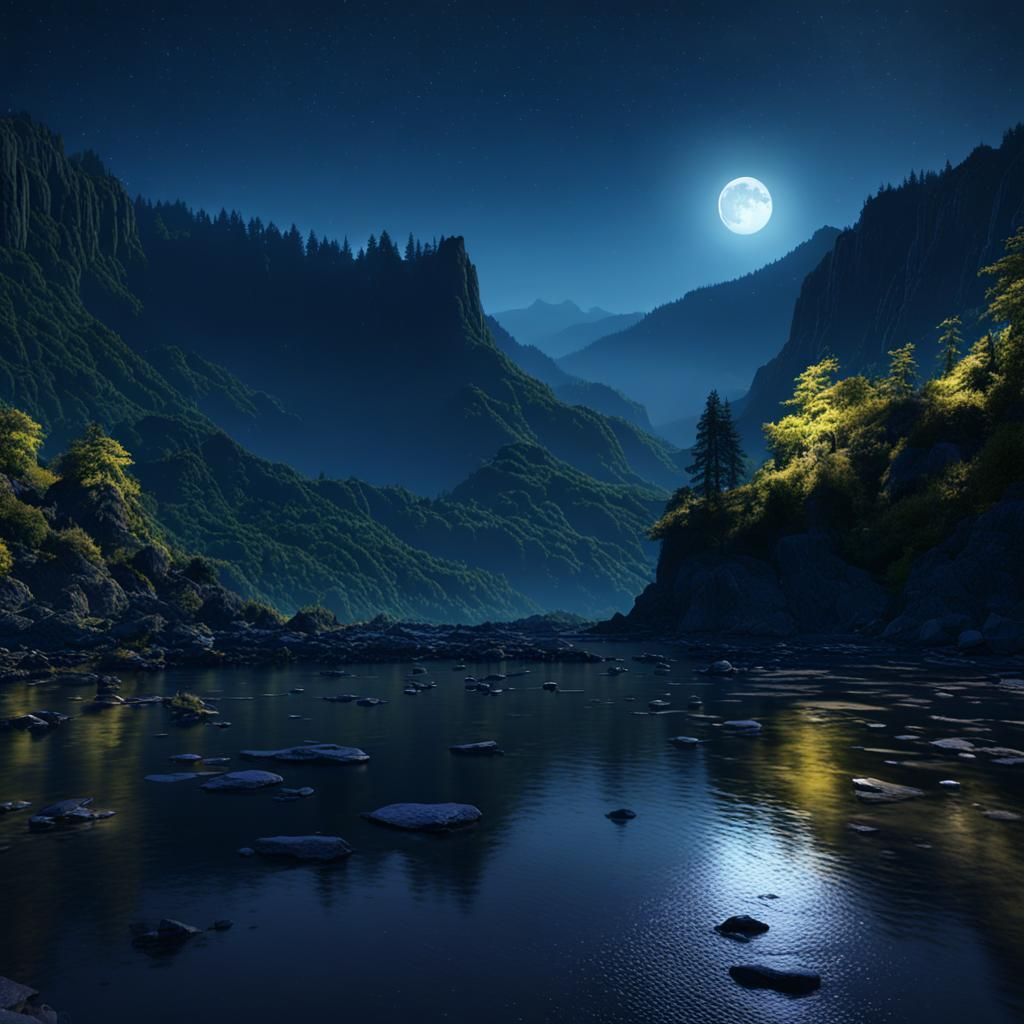 Moonlit Columbia River Gorge: Detailed Matte Painting