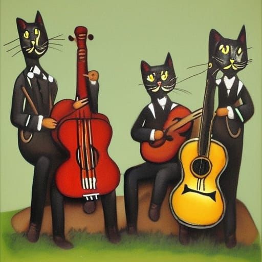 Cat Bluegrass Band in Folk Art Style