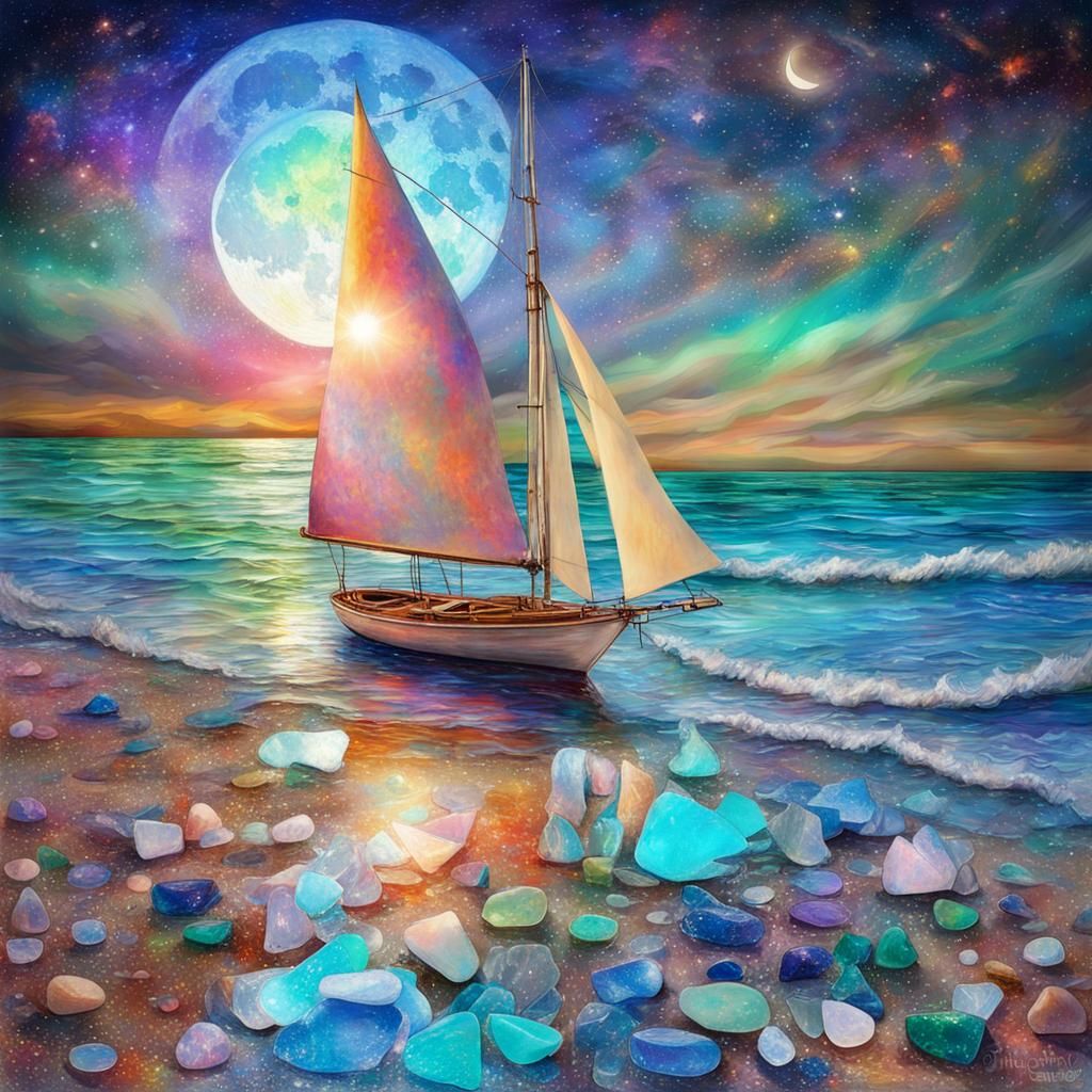 Seaside Beach Sailboat in Cosmic Illustration Style