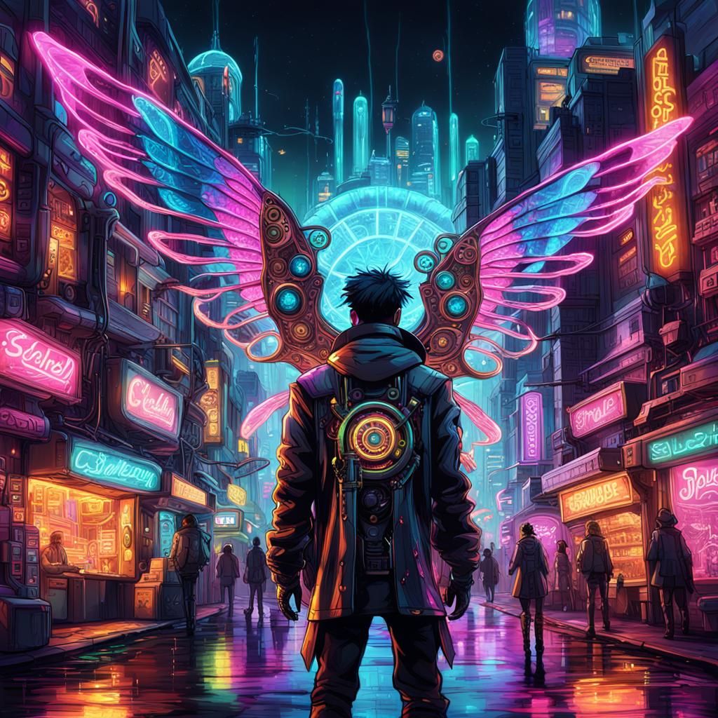 Steampunk Fabelwesen in Cyberpunk Cityscape, Neon Surrealism