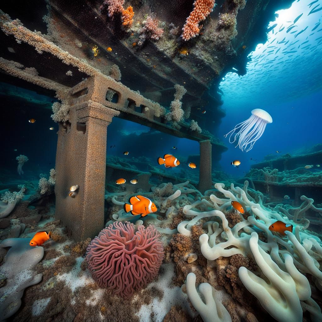 Sunken Ship Discovery with Luminous Jellyfish
