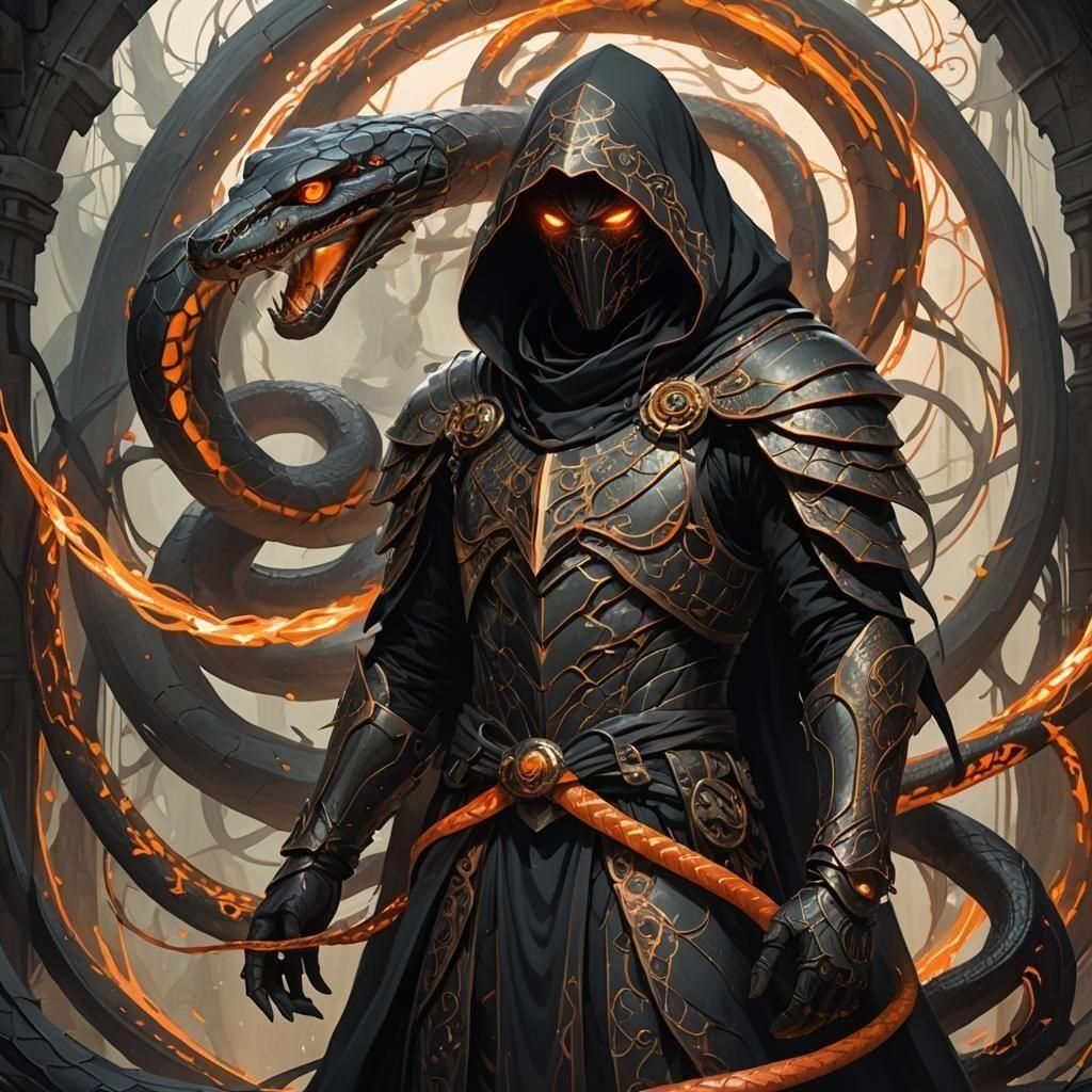 Mysterious Armored Figure with Serpent, Dark Fantasy Art