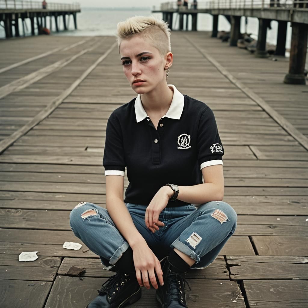 Punk Girl Portrait on Pier in 1980s Style