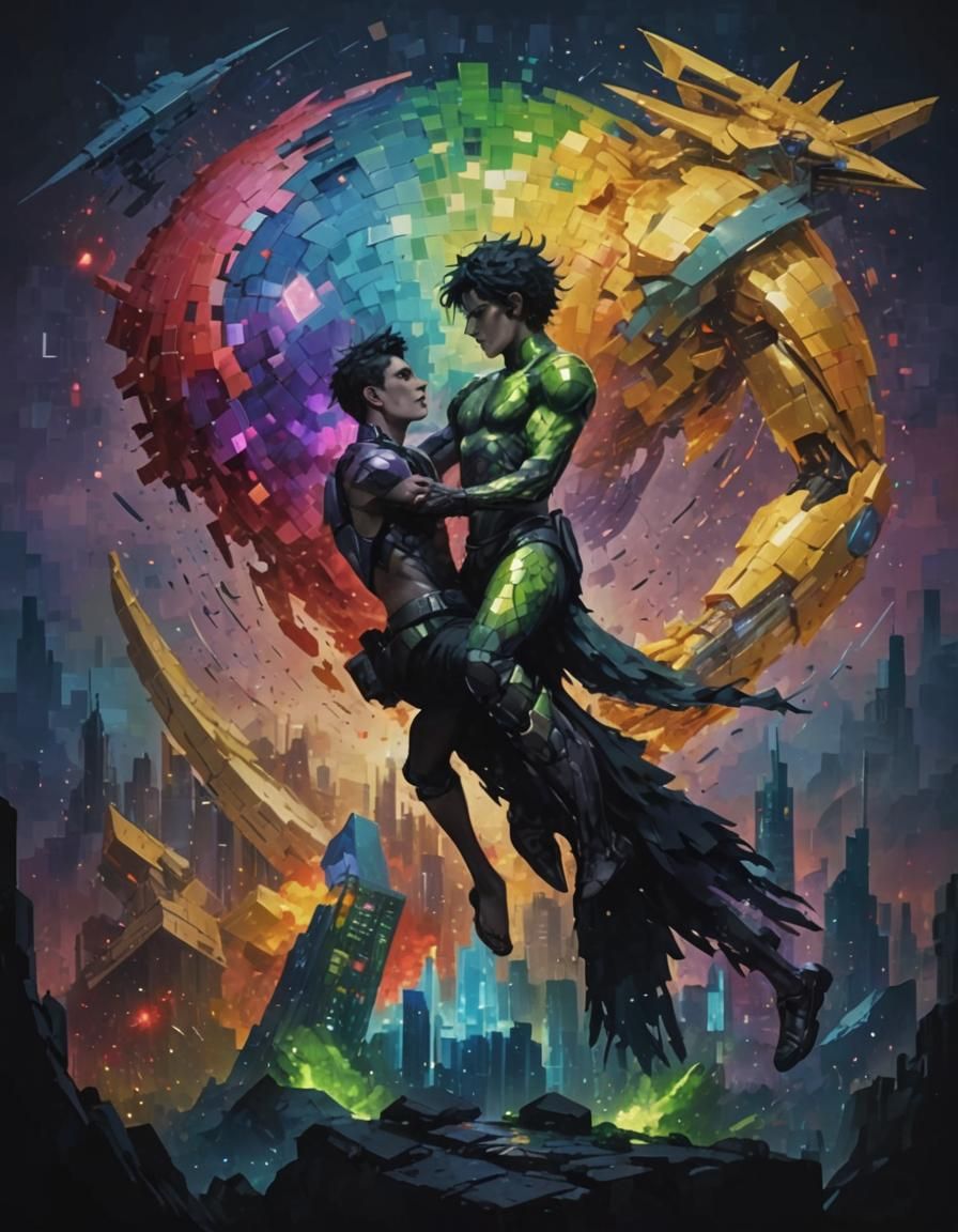 Gay Couple in Pixelated Neofuturistic Landscape