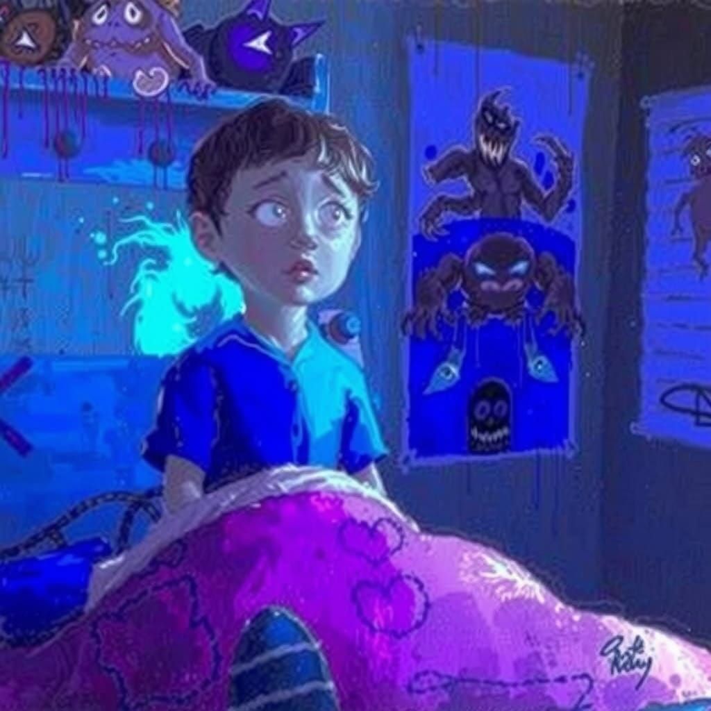 Child Surrounded by Glowing Monsters in a Dark Room