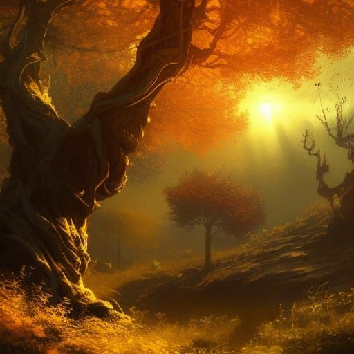 Fairycore Eldertree with Golden Leaves at Sunset