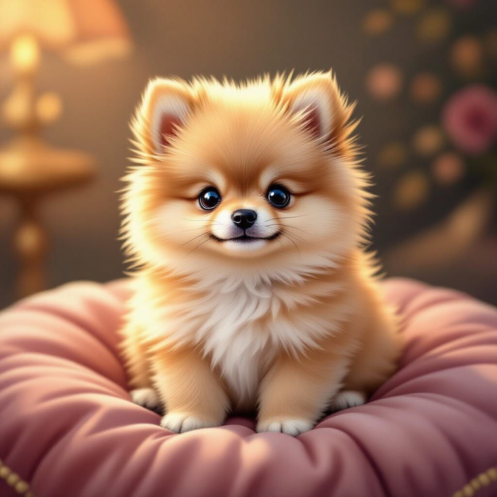 Fluffy Pomeranian Puppy on Velvet Cushion