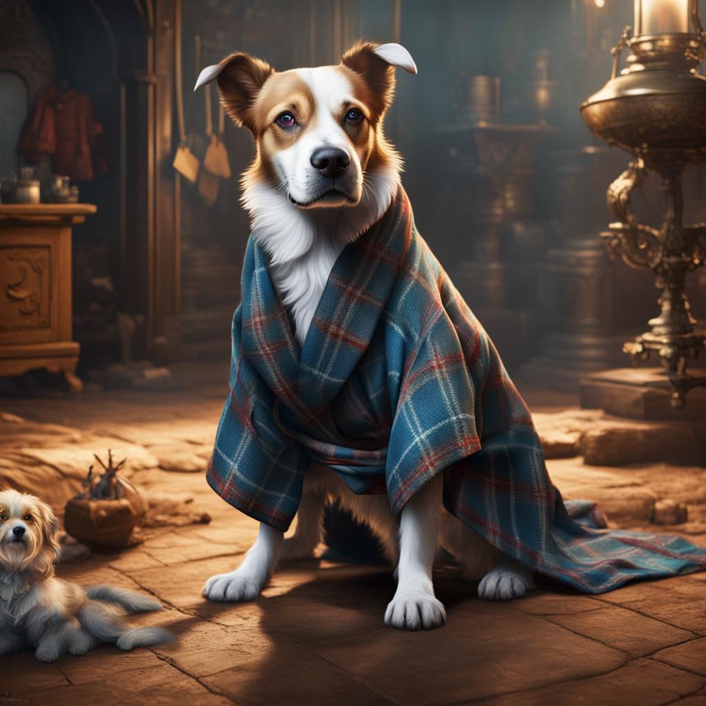 Dog in Plaid Robe: Detailed Matte Painting