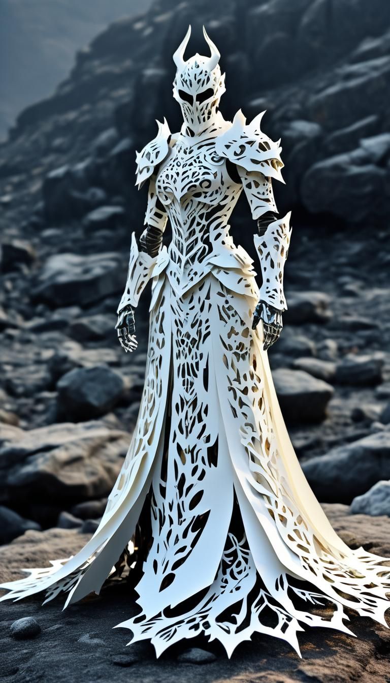 Surreal Armor Gown in a Hellfire Landscape