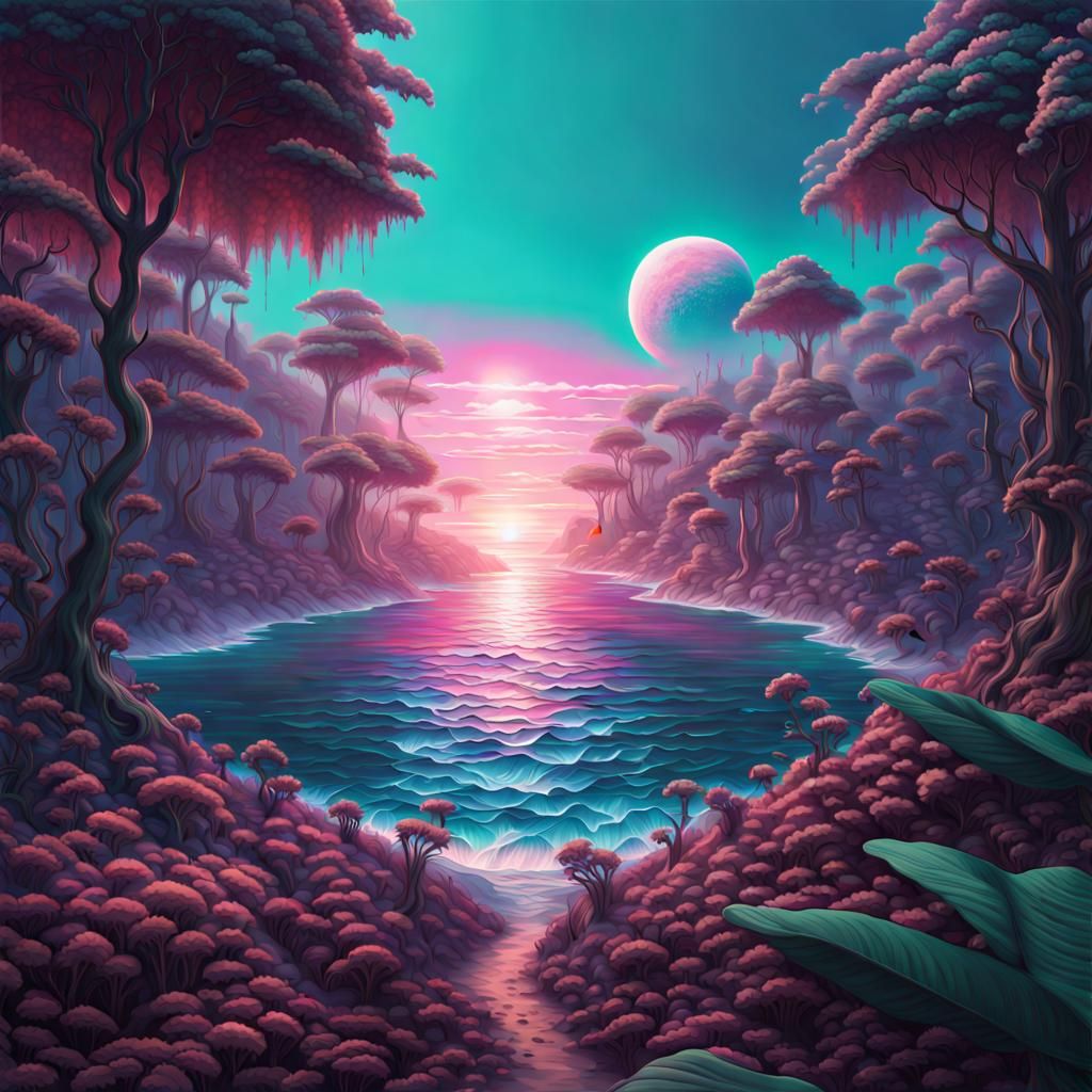 Vaporwave aesthetic forest beach