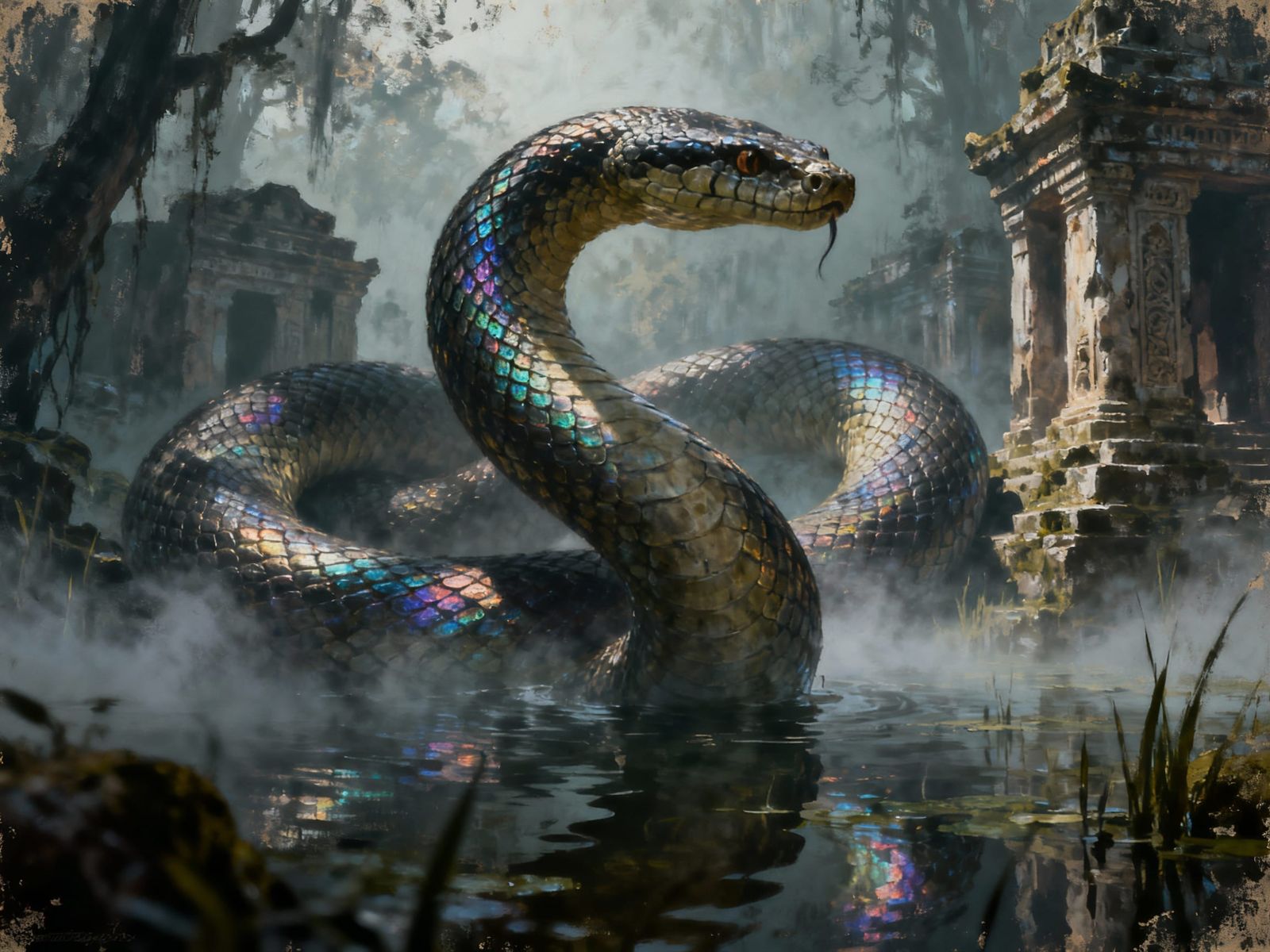 Ethereal Swamp Snake in Ancient Temple Ruins