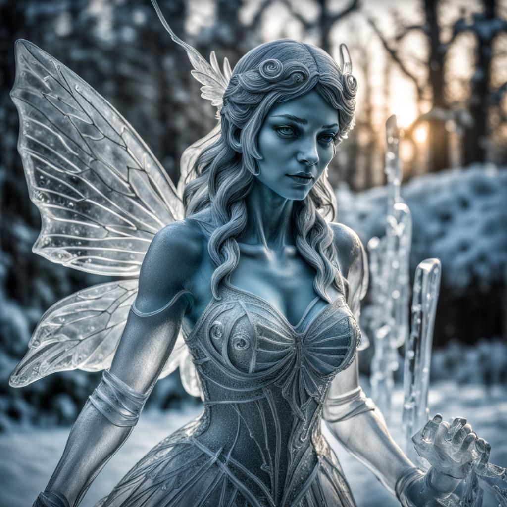Hyperrealistic Ice Sculpture of a Frost Fairy