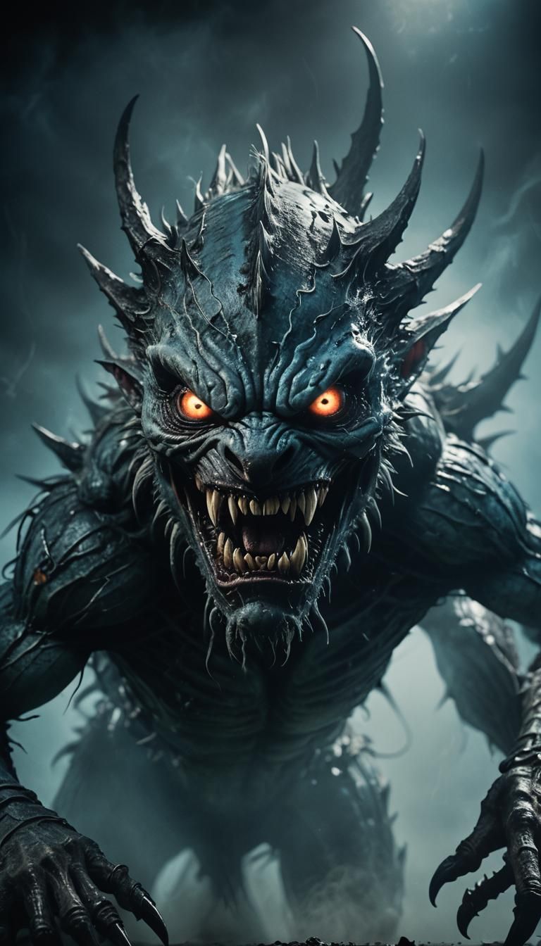 Scary Creature Emerges from Darkness: Cinematic Close-Up