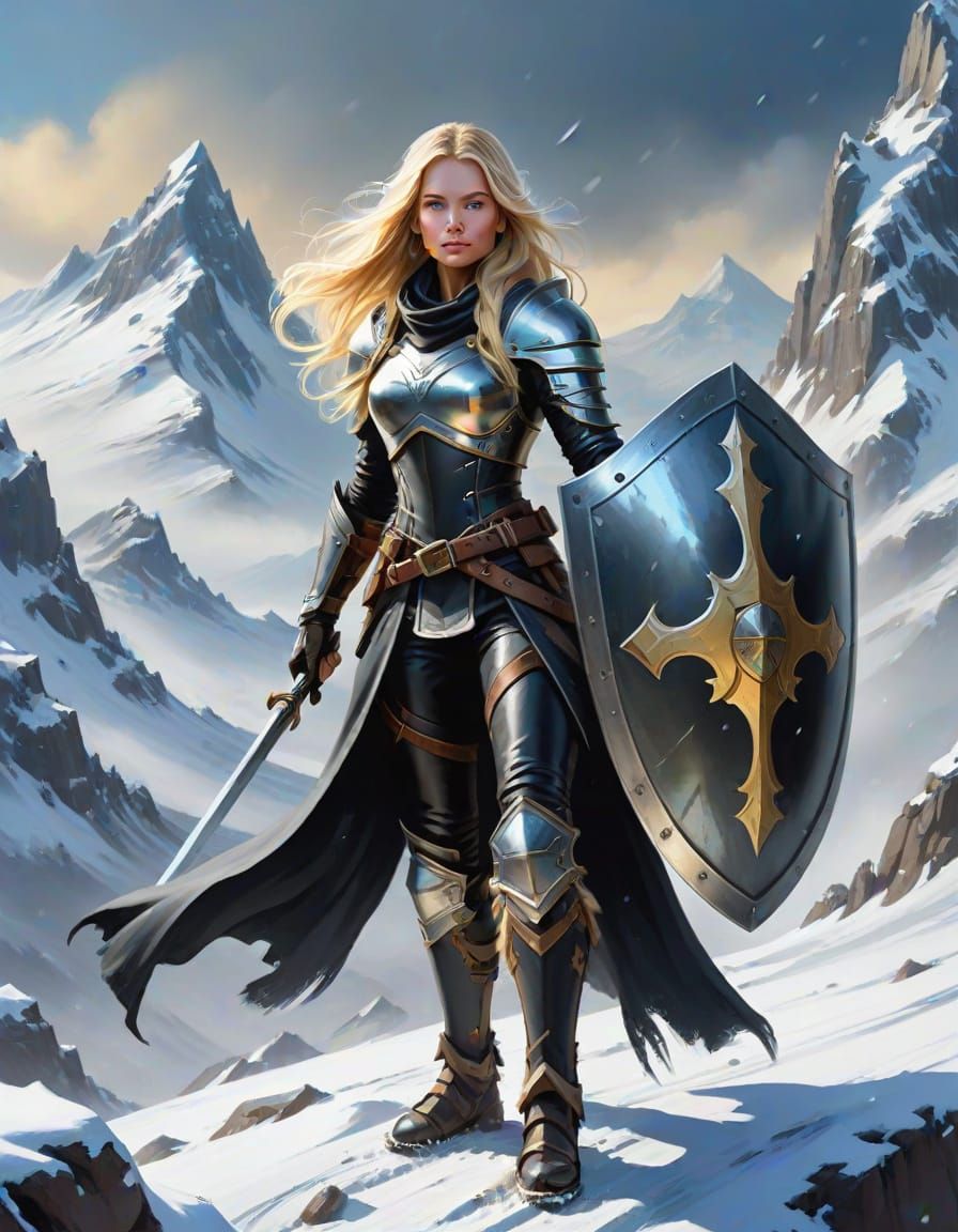 Ethereal Armored Woman on Snowy Mountain