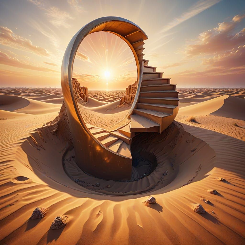Surreal Desert Staircase Between Two Suns