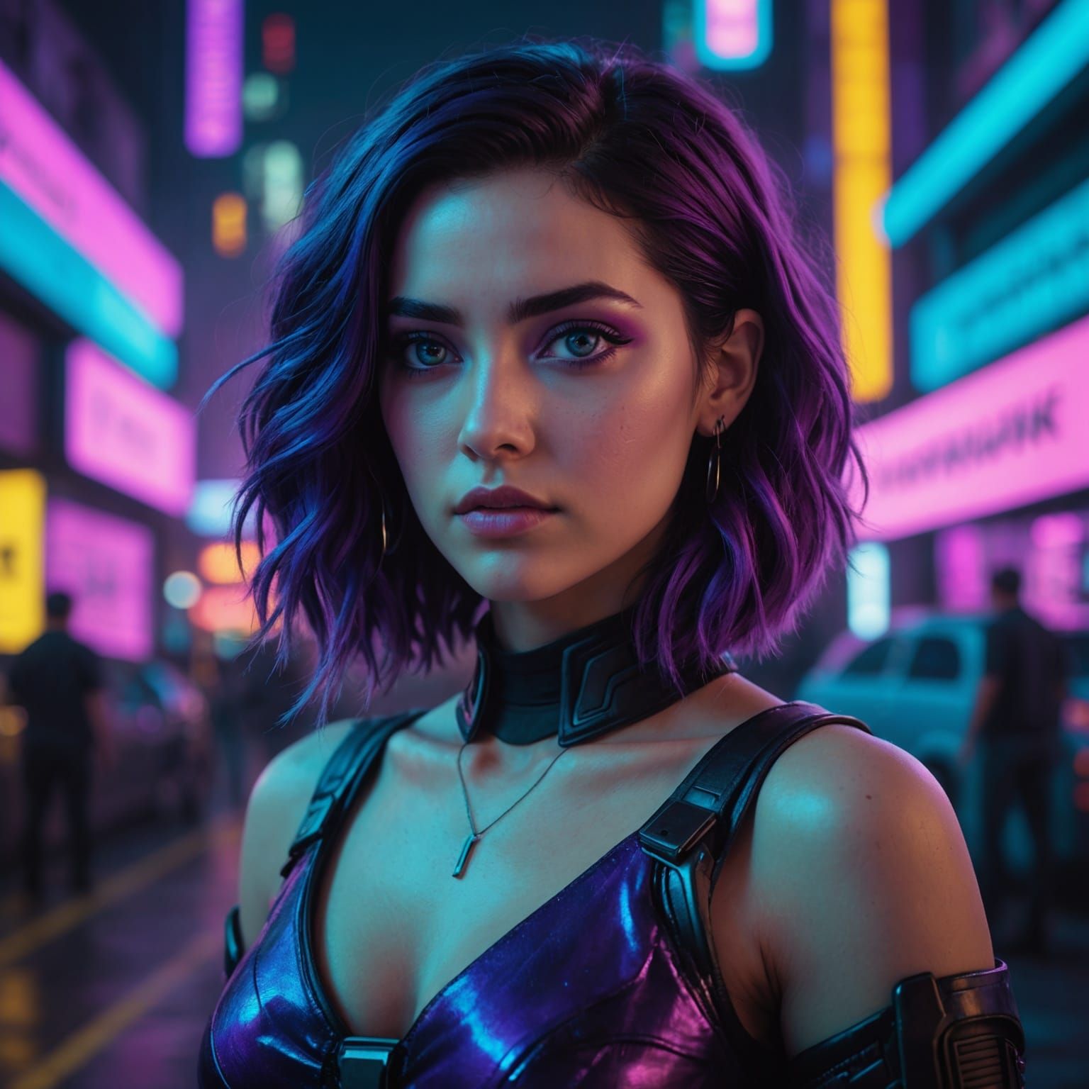 Cyberpunk Girl with Neon Lights and Purple Eyes