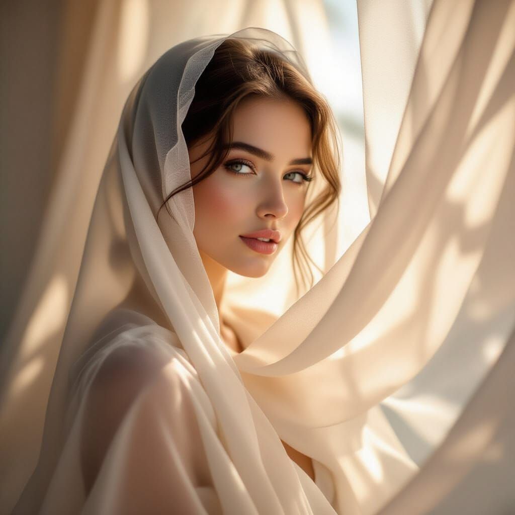 Figure Obscured by Sheer Fabric in Soft Sunlight