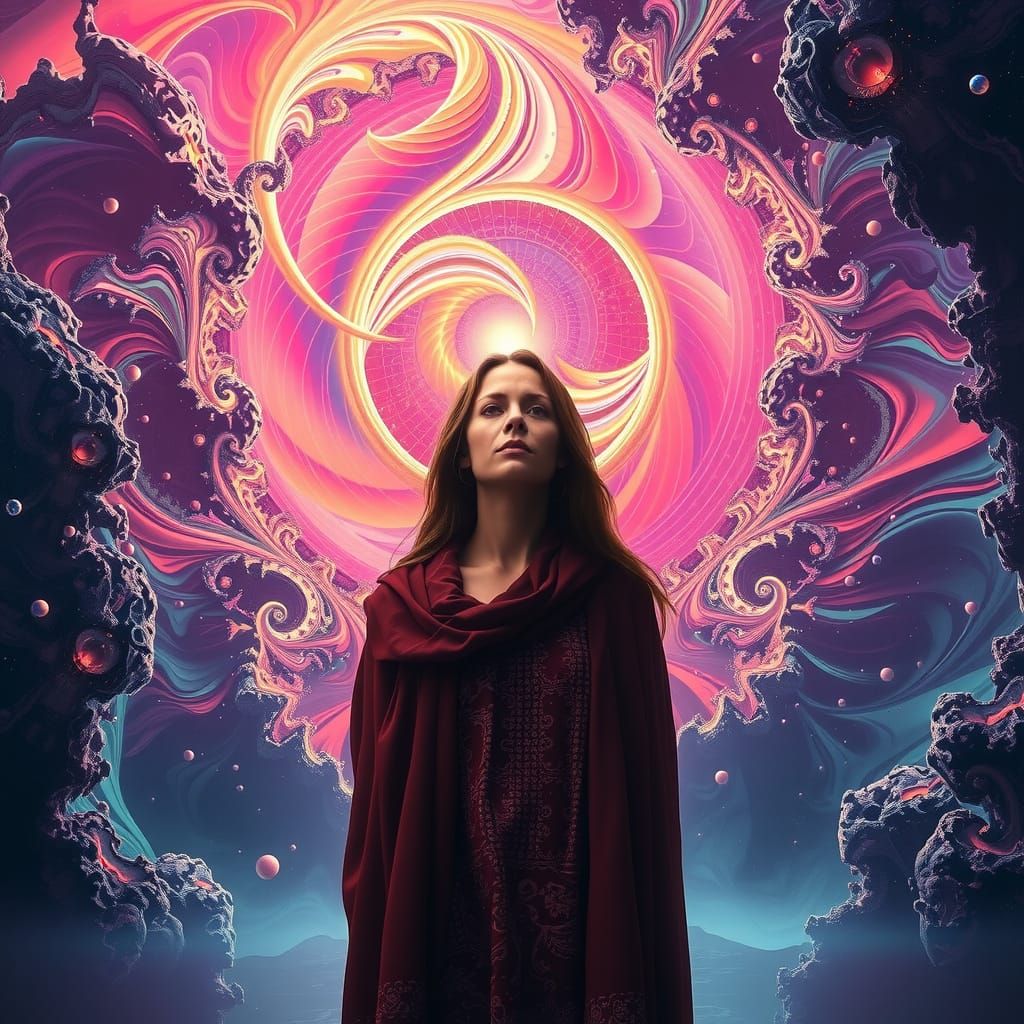 Woman in Multidimensional Fractal Realm as Digital Art