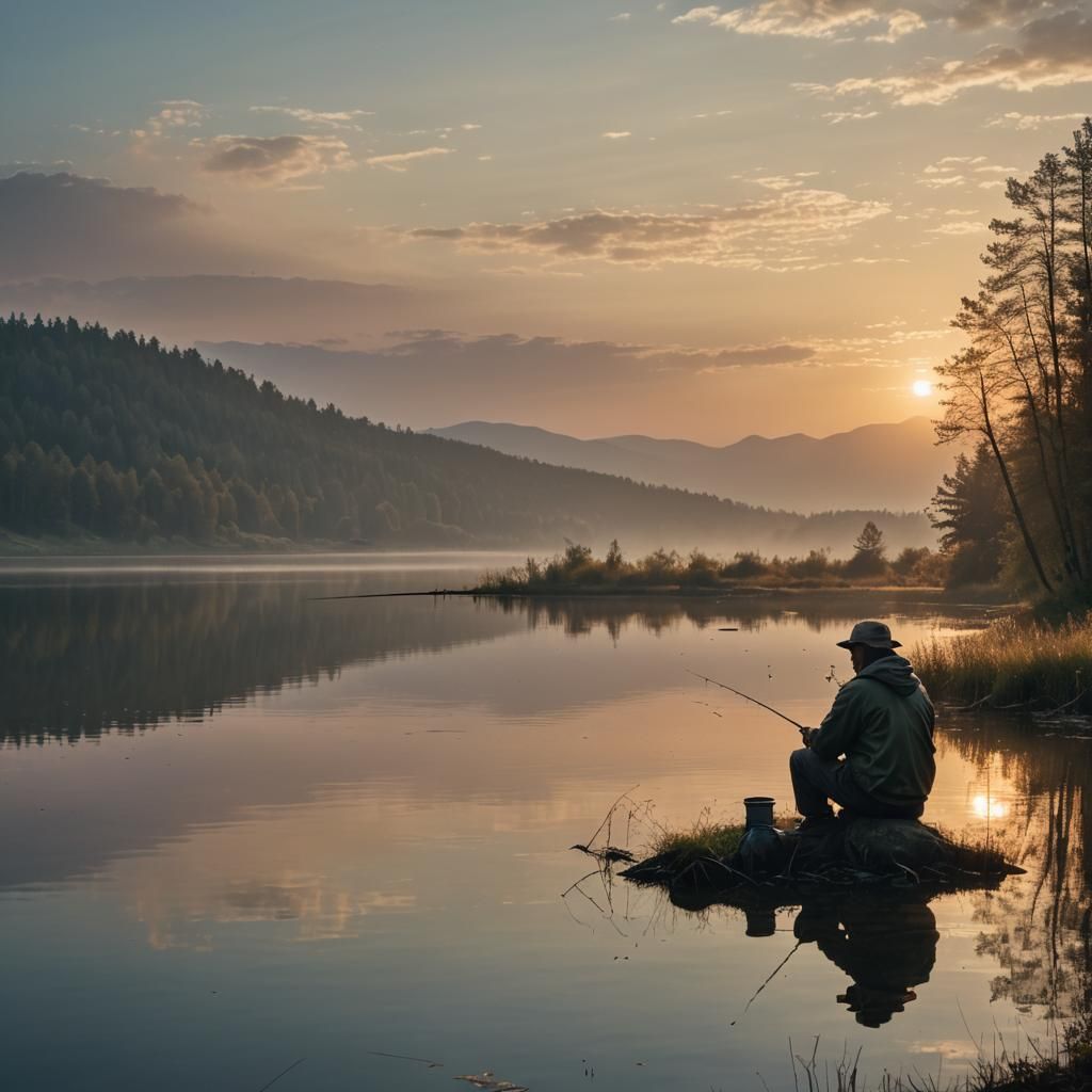 Fisherman at Sunset by Peaceful Lake