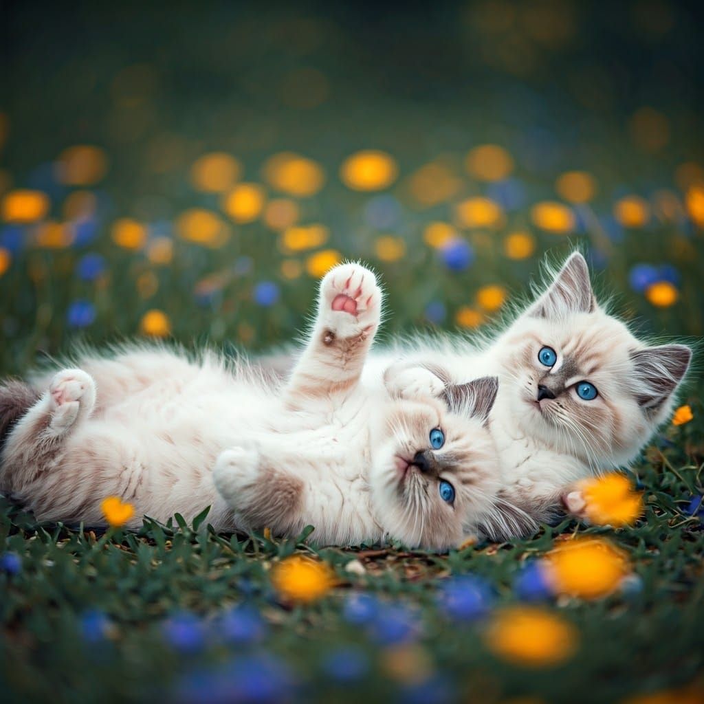 Surreal Pastel Dreamscapes: Ragdoll Kittens in Wildflower Fi...