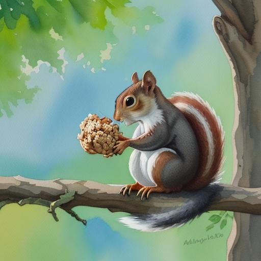 Squirrel Eating Nuts: Gouache Watercolor Impressionism