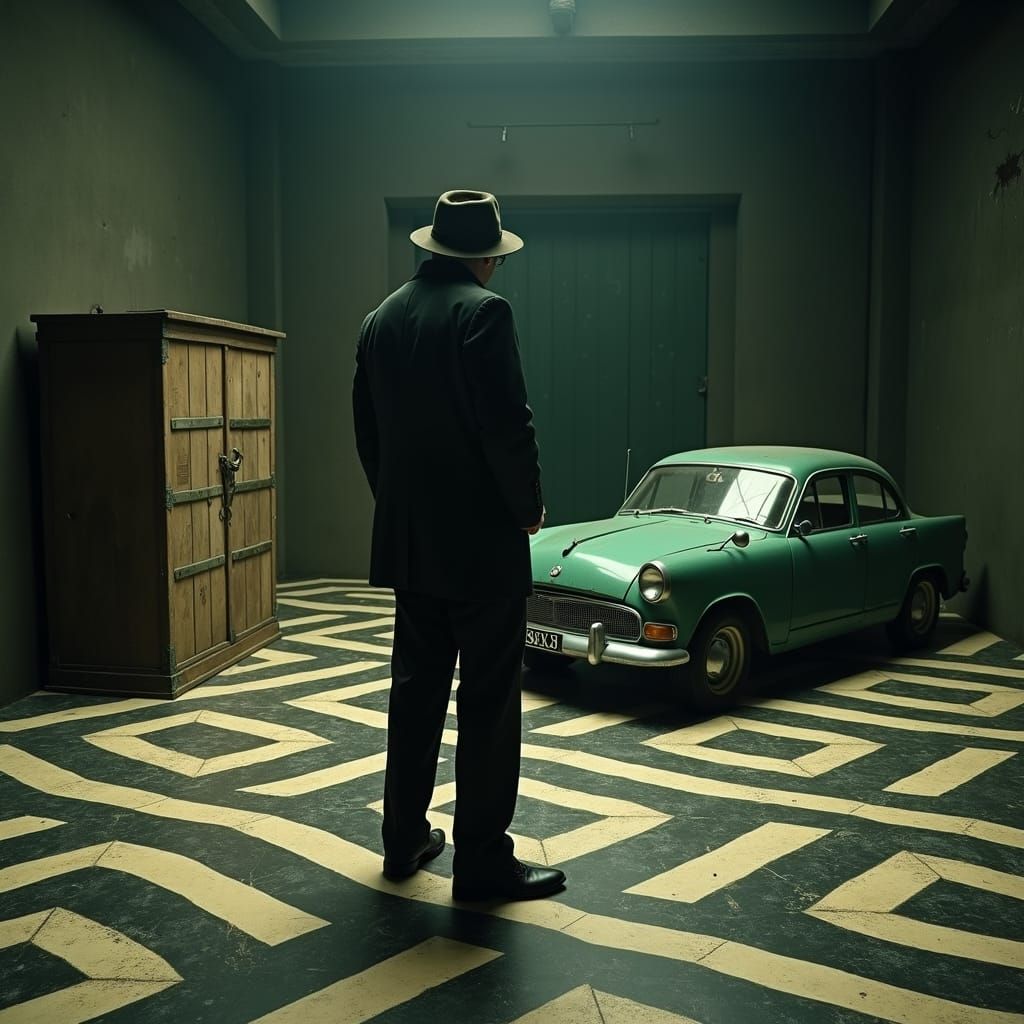 Escher-Inspired Optical Illusion with Vintage Car