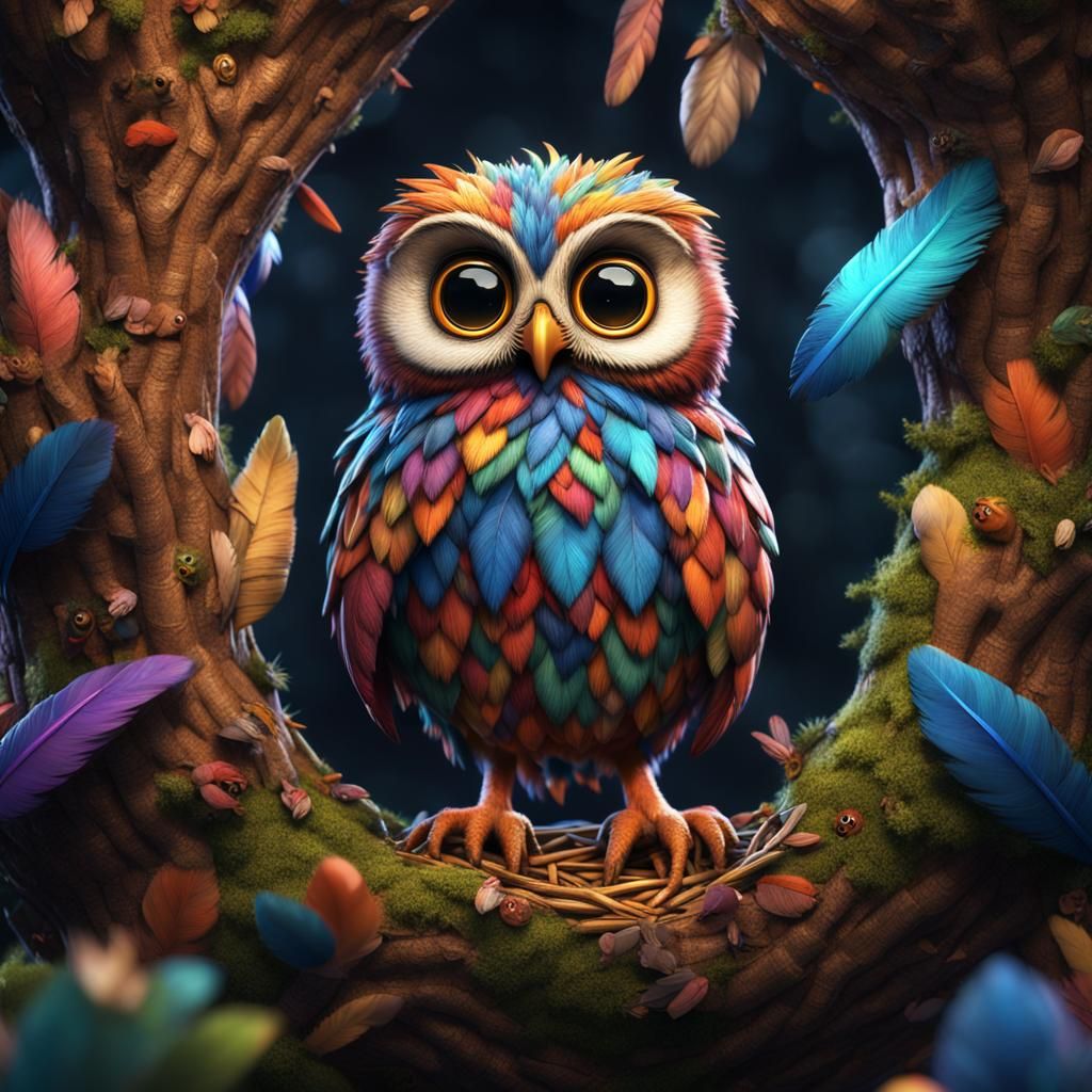 Cute Baby Owl in Colorful Feather Nest