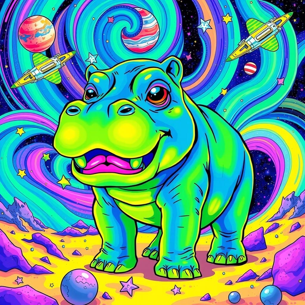 Fluorescent Hippo in Psychedelic Sci-Fi Pop Art