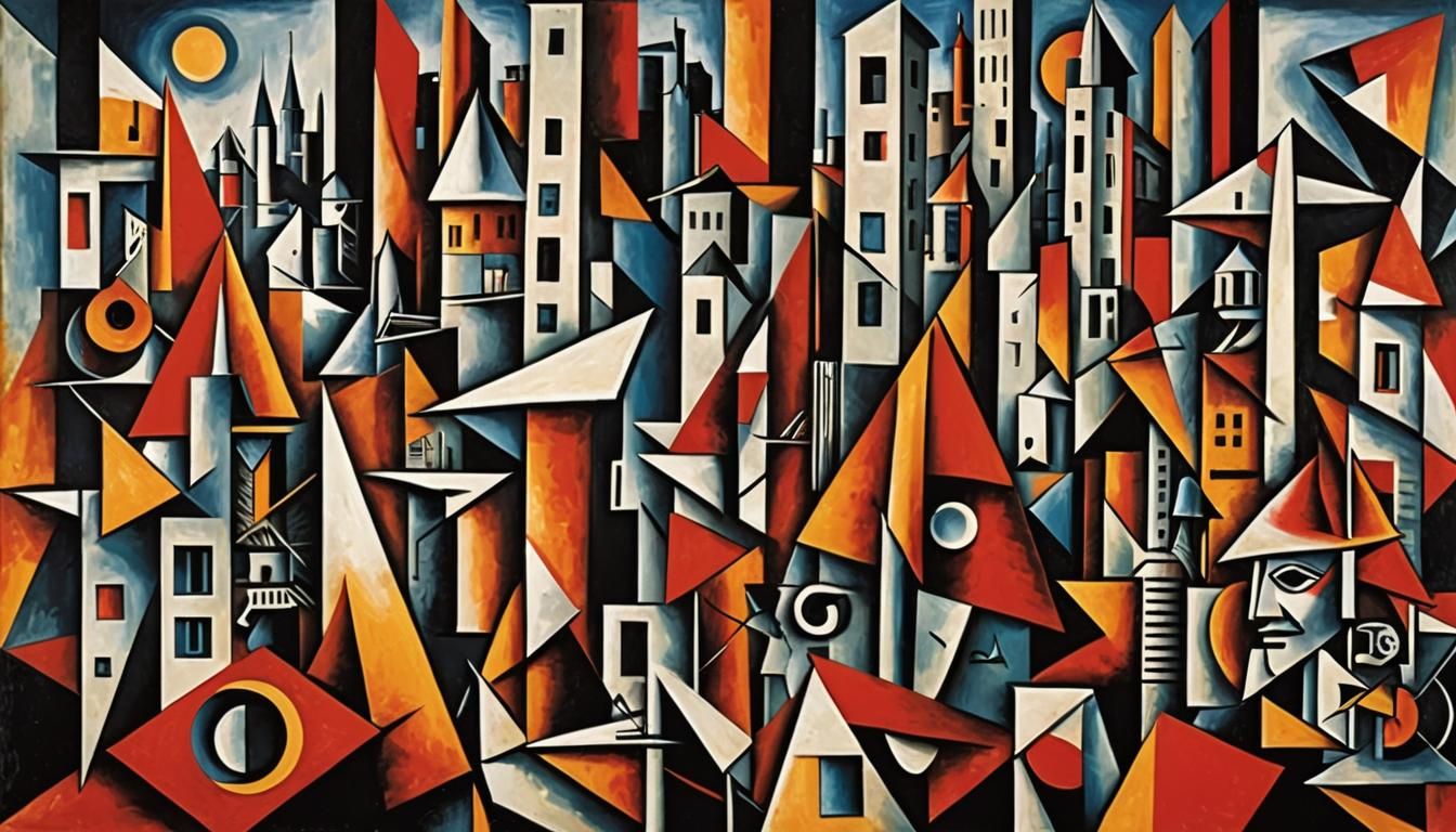 Cubist Firemen Fight Fire in Geometric Cityscape