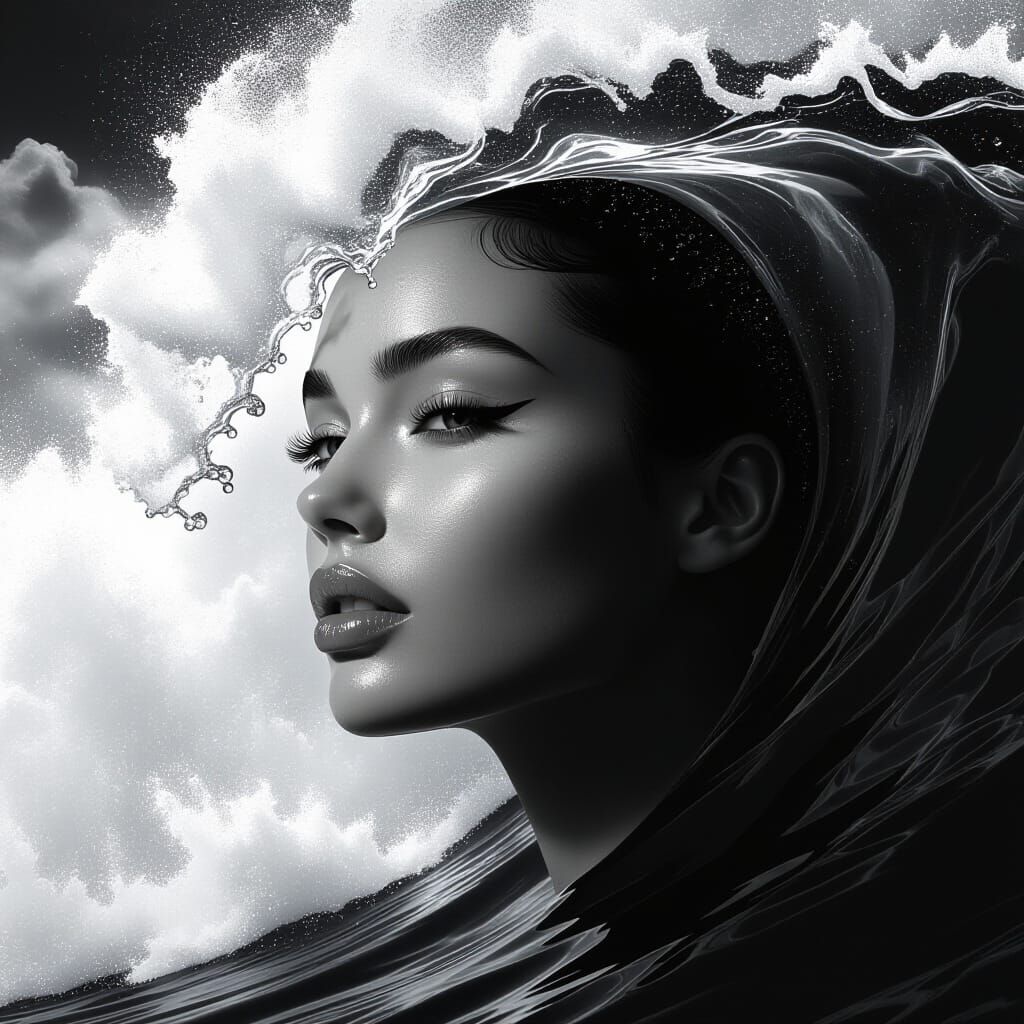 Person Morphing Into Ocean Wave in Black and White
