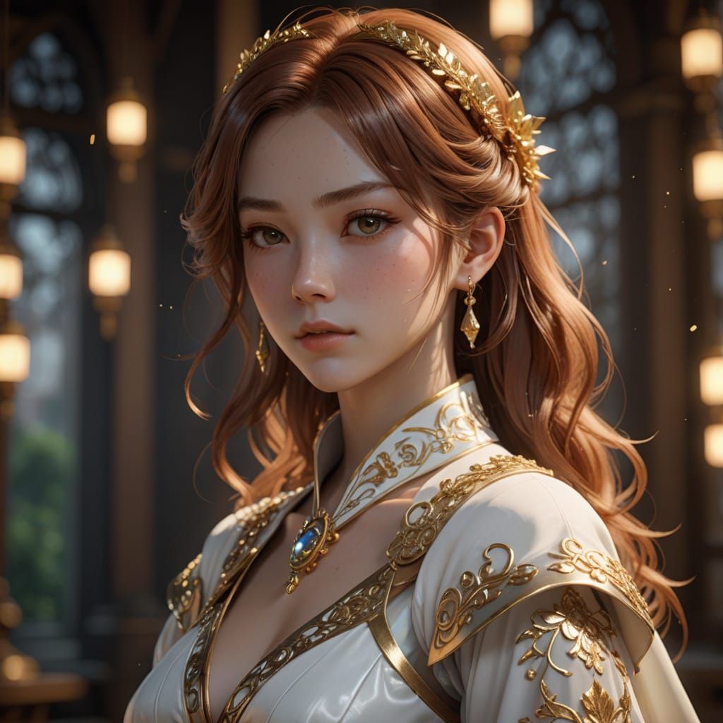 Auburn-Haired Woman in White Gown: 3D Anime Art