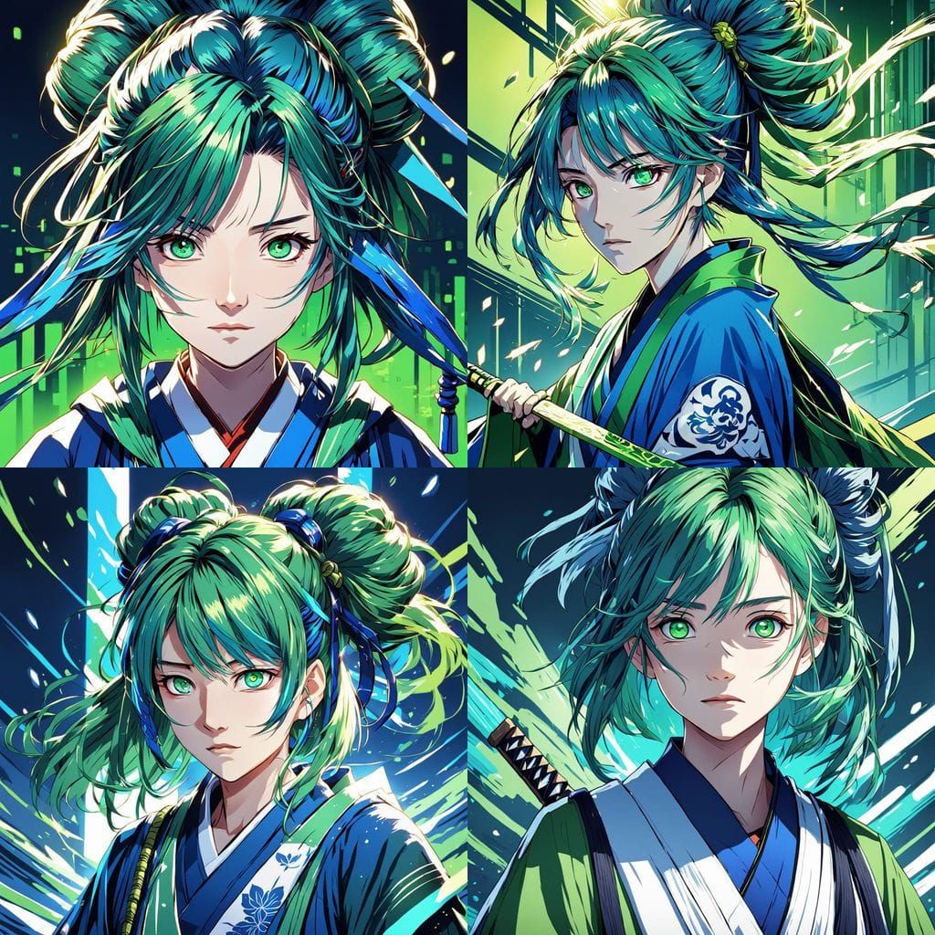 Anime Woman in Vibrant Kimono, Holding Blue Katana