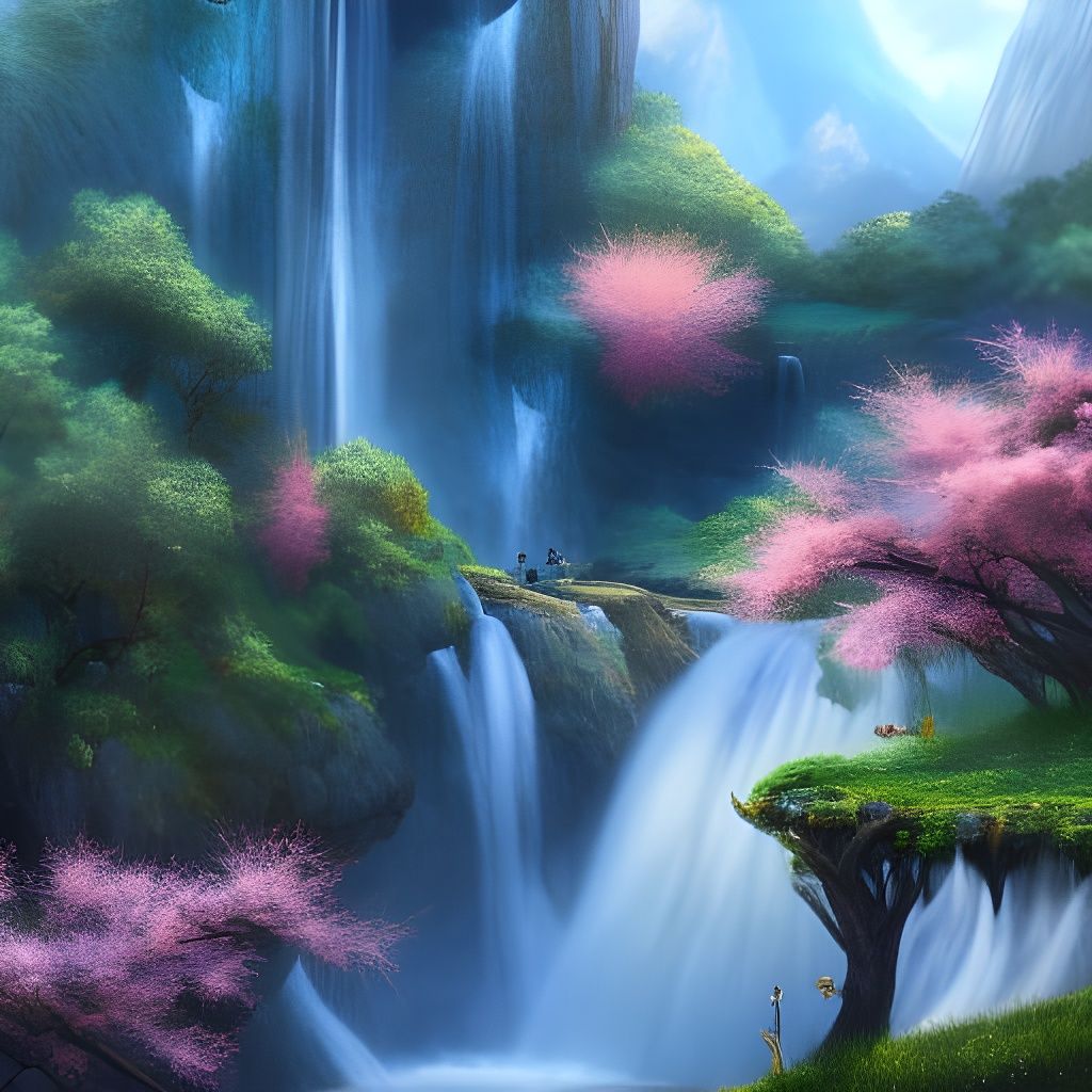 Peach Tree Mountain Waterfalls in Fantasy Concept Art