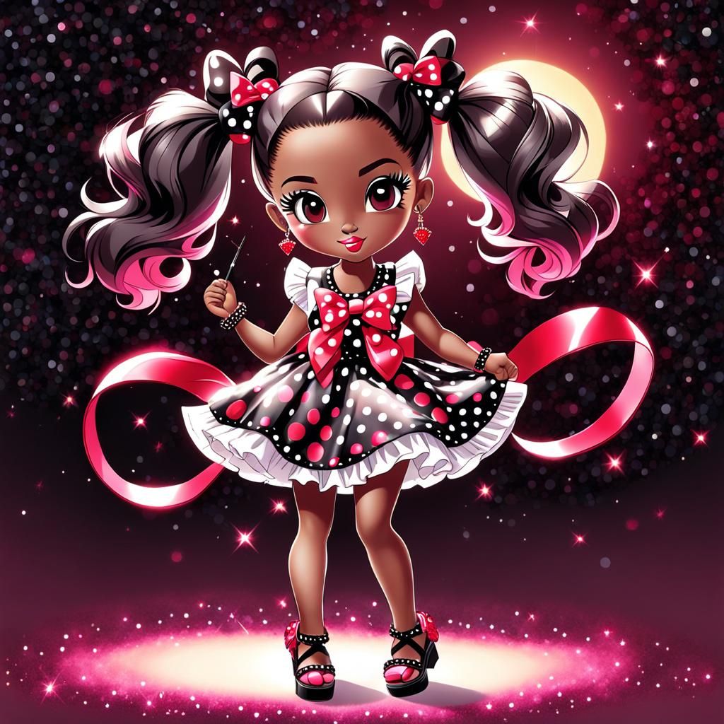 Cute Black Girl with Ruby Red Glitter Bows, Airbrush Art